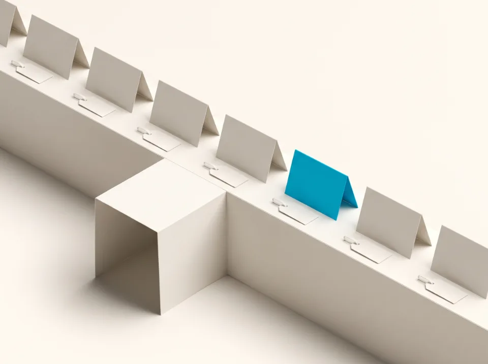 Papier-Illustration: Tischkarten aus Papier auf einem Tresen aus Faltpapier mit Schlüsselanhängern, eine Karte in Cyan
