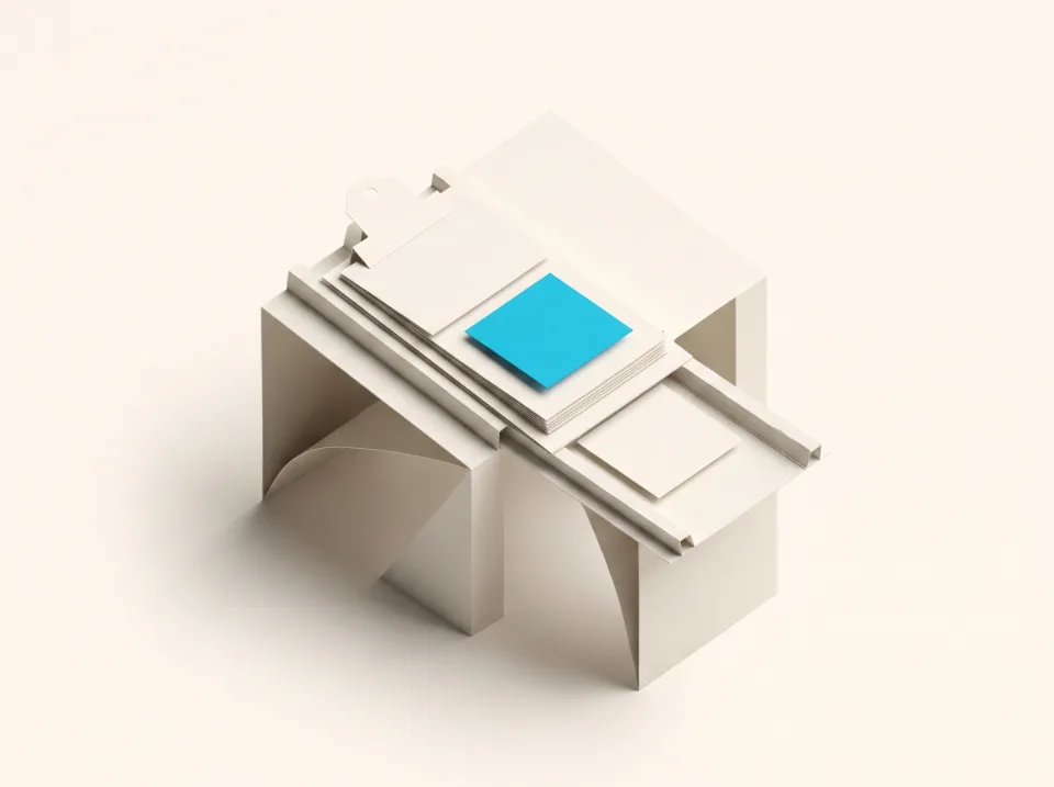 Papier-Illustration: eine Werkbank aus Faltpapier mit Klemmbrett und einem Stapel Auftragszettel, ein Zettel in Cyan