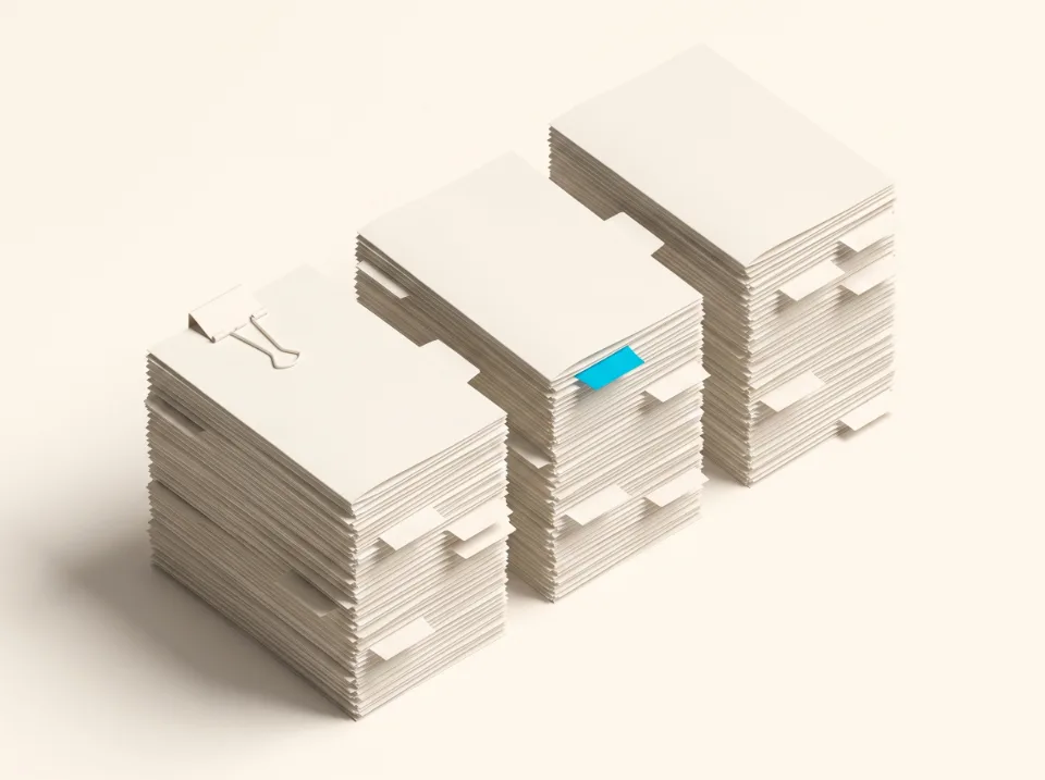Papier-Illustration: drei Dokumentenstapel aus Papier mit hervorstehenden Registerreitern, ein Reiter in Cyan