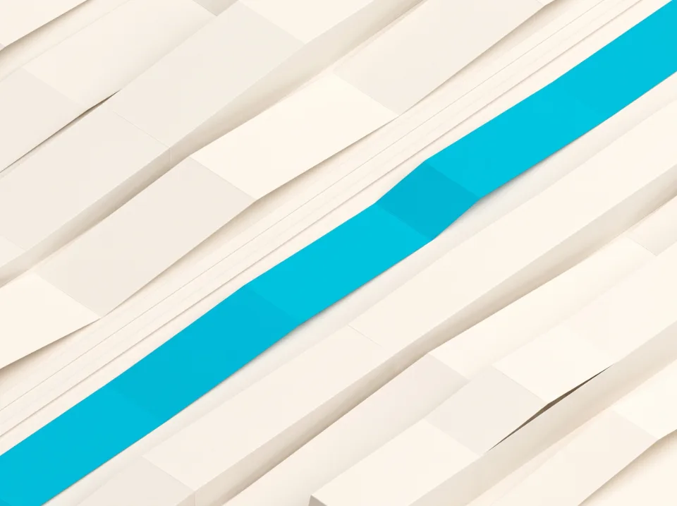 Papier-Illustration: Felder als parallele Papierstreifen aus der Luft mit einem Weg dazwischen, ein Streifen in Cyan
