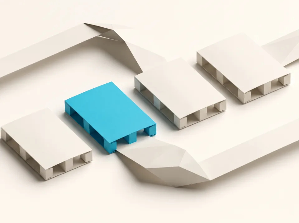Papier-Illustration: Paletten aus Faltpapier mit einem geschwungenen Papierband als Route, eine Palette in Cyan