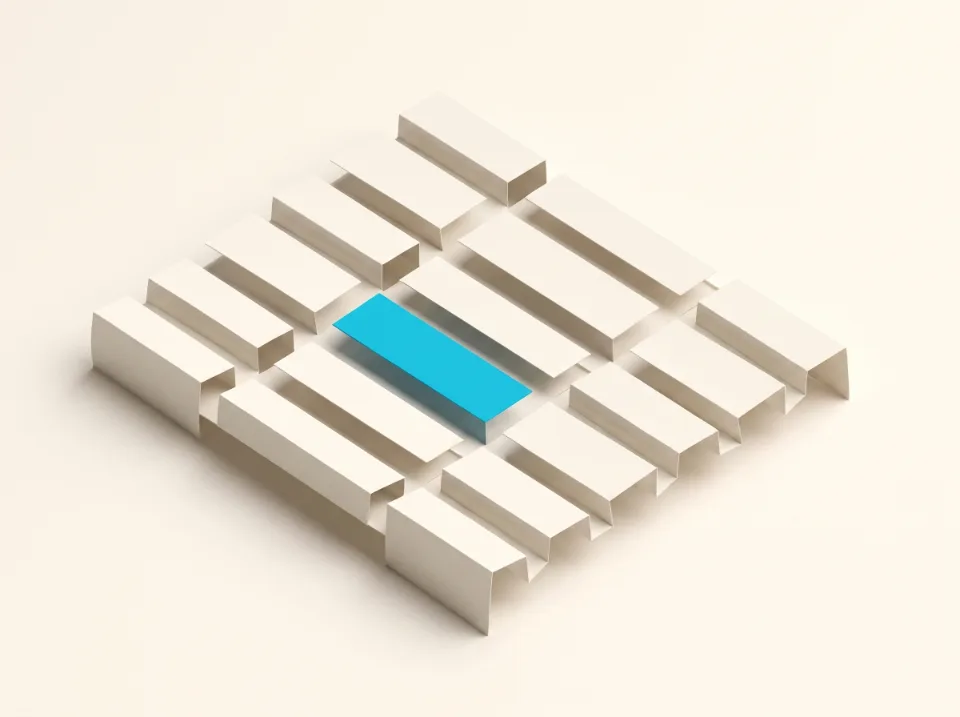 Papier-Illustration: ein Dienstplan als Raster aus schmalen Papierbalken, ein Balken in Cyan