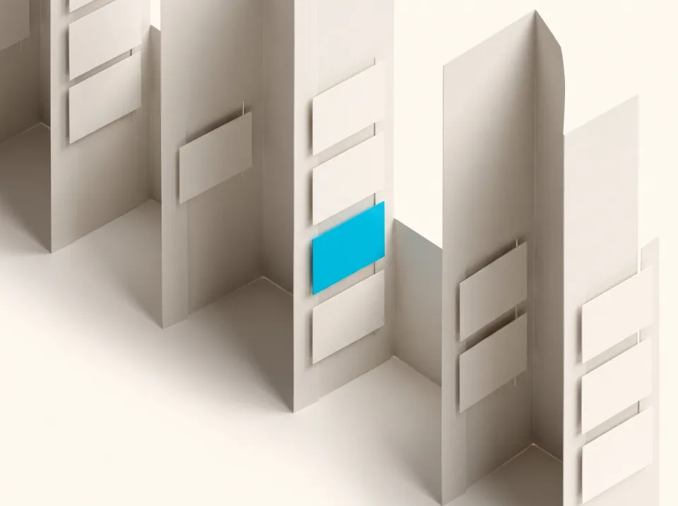 Papier-Illustration: ein Terminstreifen aus Papier mit Tagesspalten und eingesteckten Karten, eine Karte in Cyan