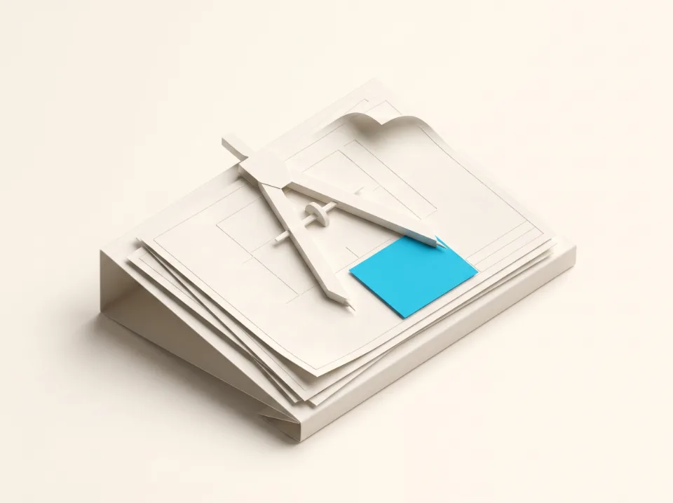 Papier-Illustration: ein Zeichenbrett aus Faltpapier mit geschichteten technischen Blättern – Sinnbild für den Forschungsstandort Aachen, ein Blatt in Cyan