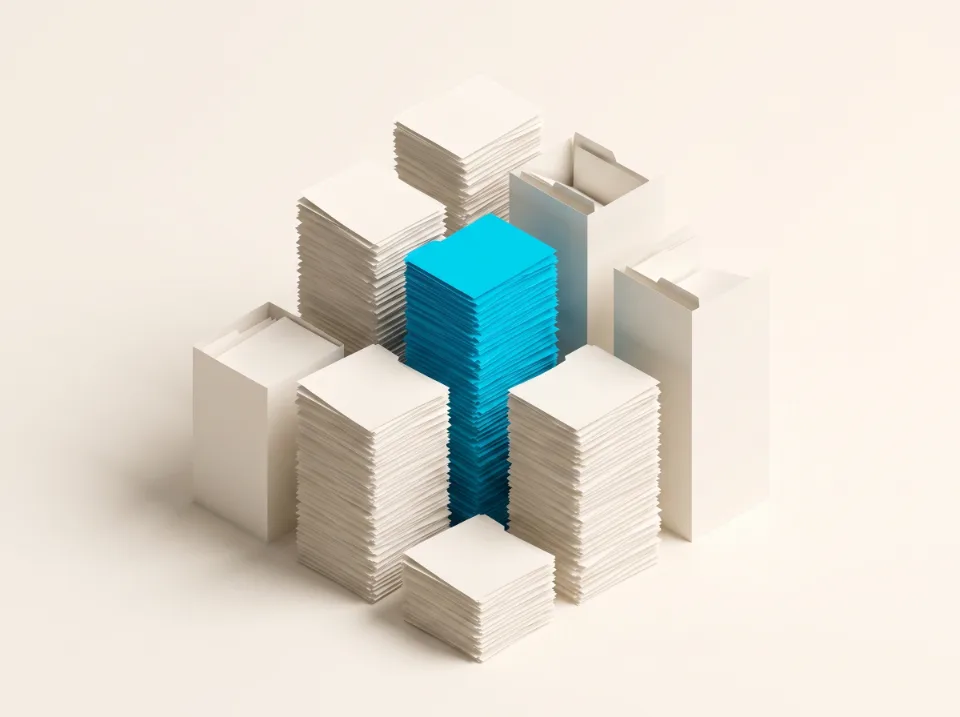 Papier-Illustration: Dokumententürme aus Faltpapier, aufgereiht wie eine kleine Skyline – Sinnbild für den Dienstleistungsstandort Düsseldorf, ein Stapel in Cyan