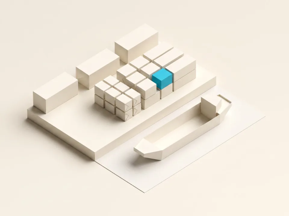 Papier-Illustration: Container aus Faltpapier auf einem Kai neben einem Schiffsrumpf – Sinnbild für den Neusser Rheinhafen, ein Container in Cyan